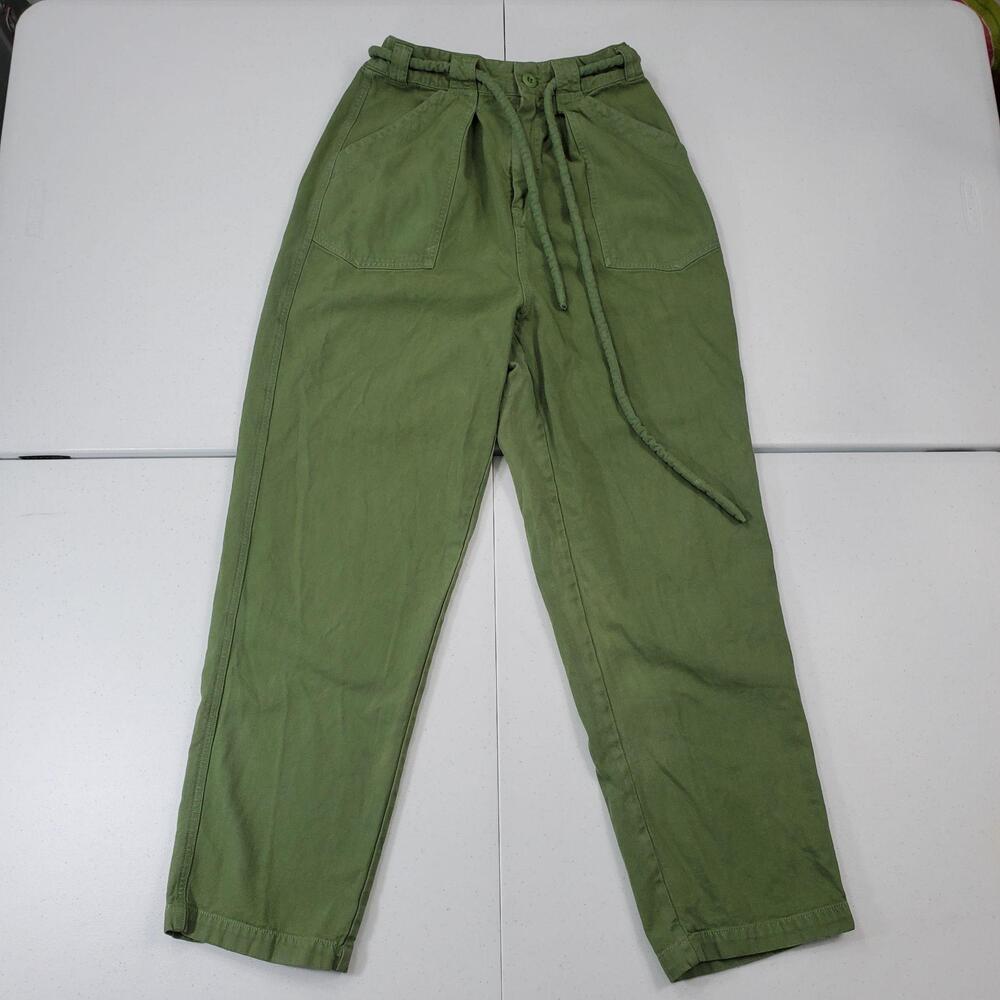 Free People Paperbag Waist Pants Womens XS Green Twill Belted Crop Tapered
